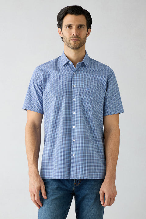 Blue Short-Sleeve Regular Fit Plaid Shirt