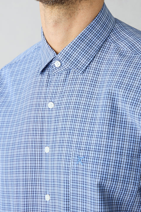 Blue Short-Sleeve Regular Fit Plaid Shirt