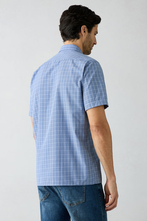 Blue Short-Sleeve Regular Fit Plaid Shirt