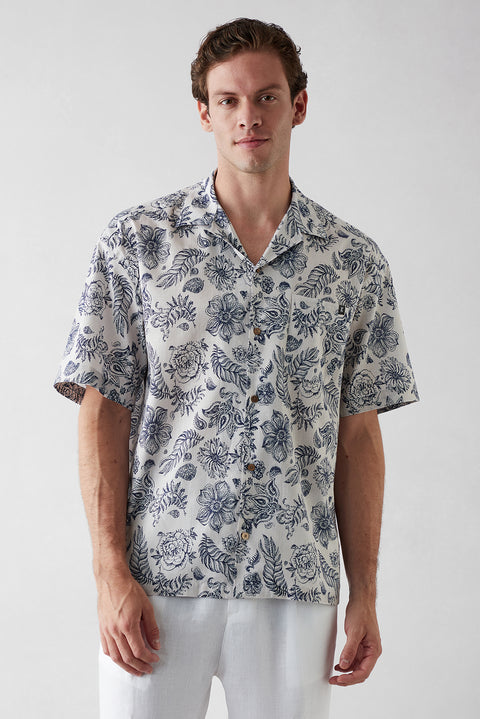 Medium Navy Short Sleeve Oversized Fit Cotton Printed Shirt