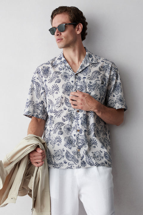 Medium Navy Short Sleeve Oversized Fit Cotton Printed Shirt