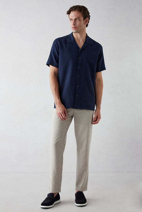 Dark Navy Short Sleeve Regular Fit Patterned Pocketed Revere Collar Breathable Washed Cotton Shirt