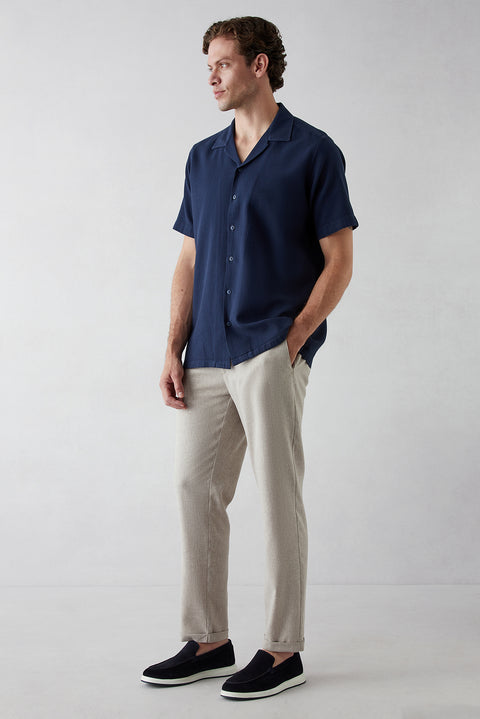 Dark Navy Short Sleeve Regular Fit Patterned Pocketed Revere Collar Breathable Washed Cotton Shirt