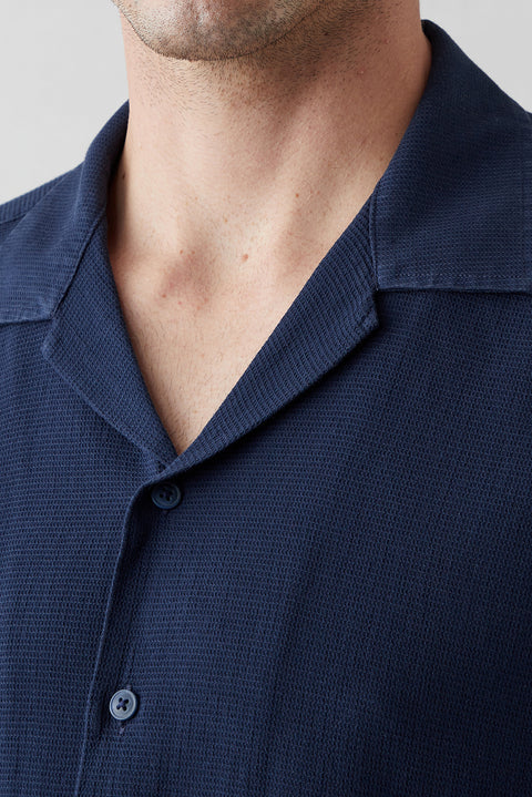 Dark Navy Short Sleeve Regular Fit Patterned Pocketed Revere Collar Breathable Washed Cotton Shirt