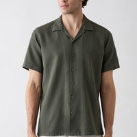 Mid Khaki Short Sleeve Regular Fit Patterned Pocketed Revere Collar Breathable Washed Cotton Shirt