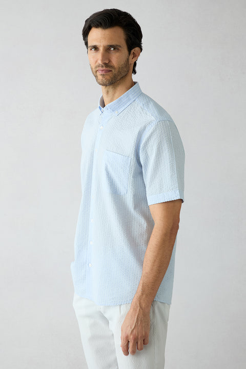 Light Blue Short Sleeve Regular Fit Cotton Striped Shirt