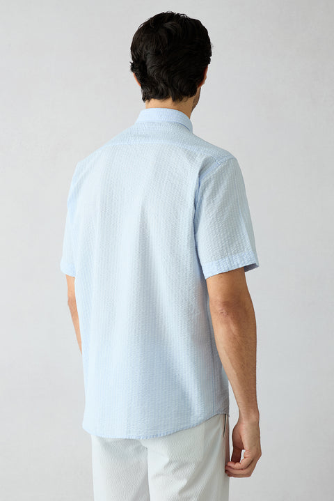 Light Blue Short Sleeve Regular Fit Cotton Striped Shirt