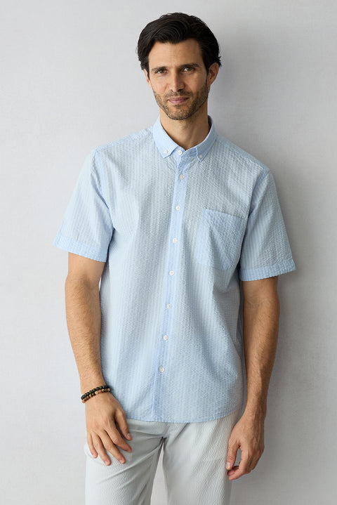 Light Blue Short Sleeve Regular Fit Cotton Striped Shirt