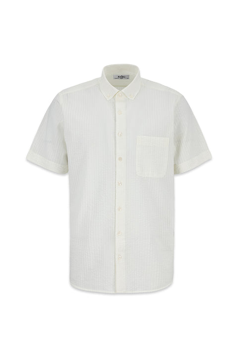 White Short-Sleeve Regular Fit Cotton Striped Shirt