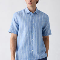 Blue Short Sleeve Regular Fit Linen Cotton Striped Shirt