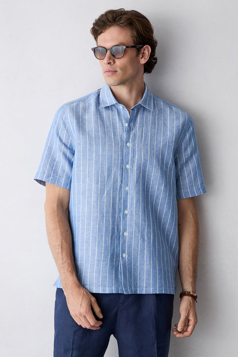 Blue Short Sleeve Regular Fit Linen Cotton Striped Shirt