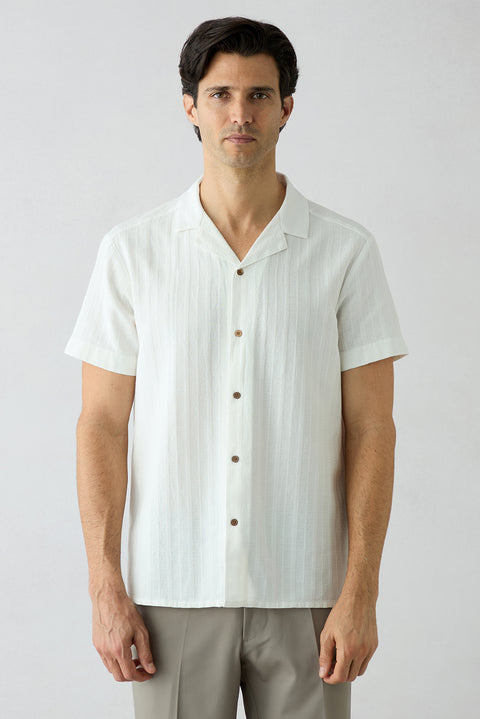 White Short-Sleeve Regular Fit Cotton Plain Shirt