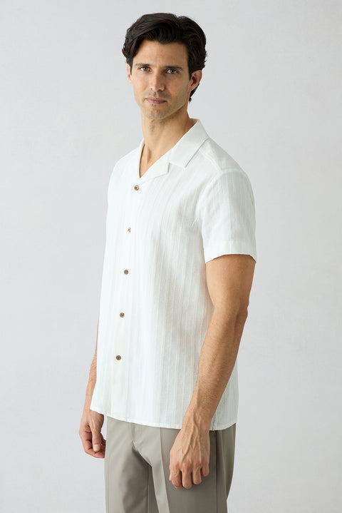 White Short-Sleeve Regular Fit Cotton Plain Shirt