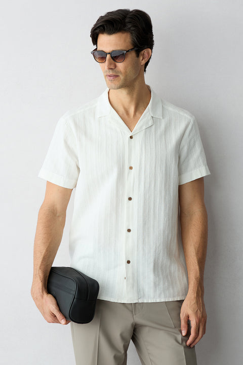 White Short-Sleeve Regular Fit Cotton Plain Shirt