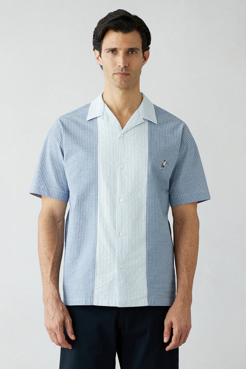 Dark Blue Short Sleeve Oversize Cotton Striped Shirt