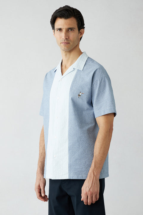 Dark Blue Short Sleeve Oversize Cotton Striped Shirt