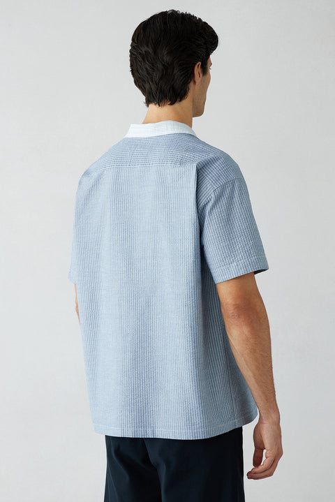 Dark Blue Short Sleeve Oversize Cotton Striped Shirt