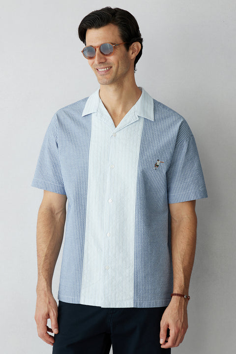 Dark Blue Short Sleeve Oversize Cotton Striped Shirt