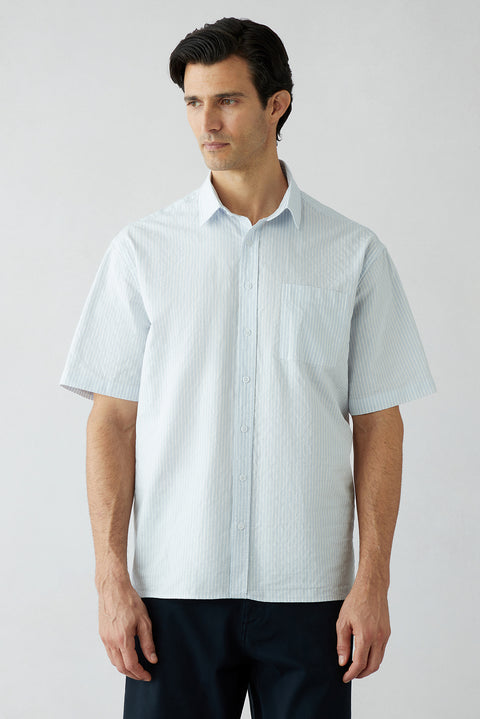 Light Blue Short Sleeve Regular Fit Cotton Striped Shirt