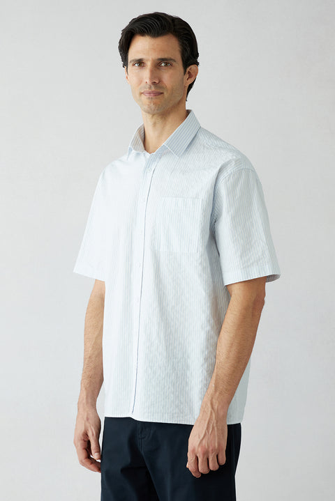 Light Blue Short Sleeve Regular Fit Cotton Striped Shirt