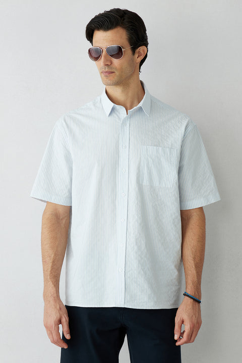 Light Blue Short Sleeve Regular Fit Cotton Striped Shirt