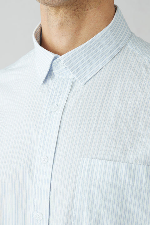 Light Blue Short Sleeve Regular Fit Cotton Striped Shirt