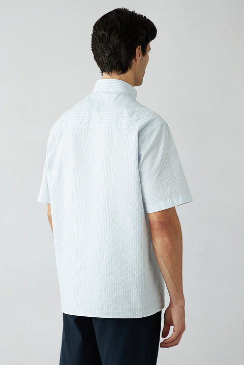 Light Blue Short Sleeve Regular Fit Cotton Striped Shirt