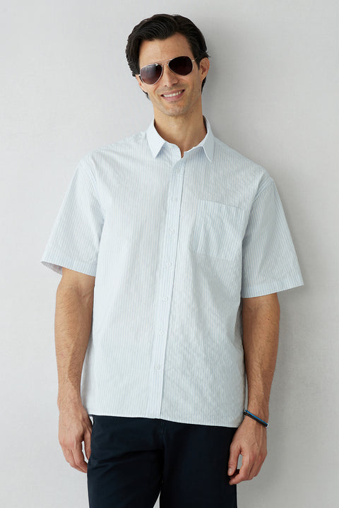 Light Blue Short Sleeve Regular Fit Cotton Striped Shirt