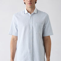 Medium Navy Short Sleeve Oversize Cotton Striped Shirt