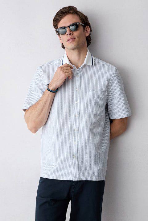 Medium Navy Short Sleeve Oversize Cotton Striped Shirt