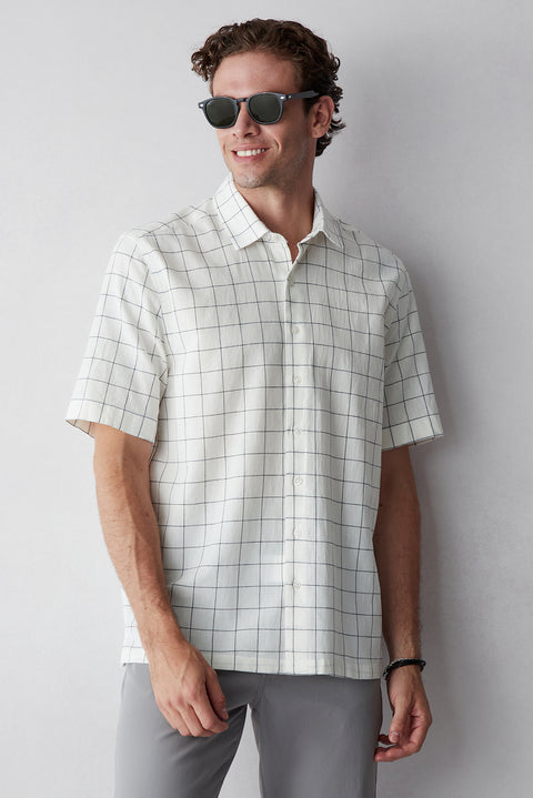 Dark Navy Short-Sleeve Plaid Shirt