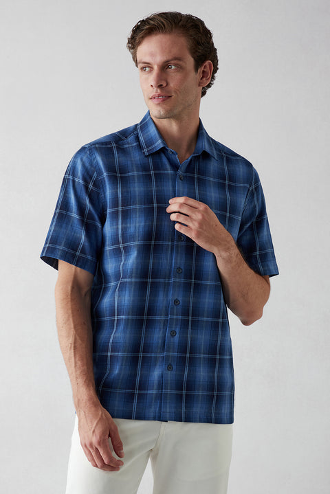 Indigo Short Sleeve Regular Fit Plaid Shirt