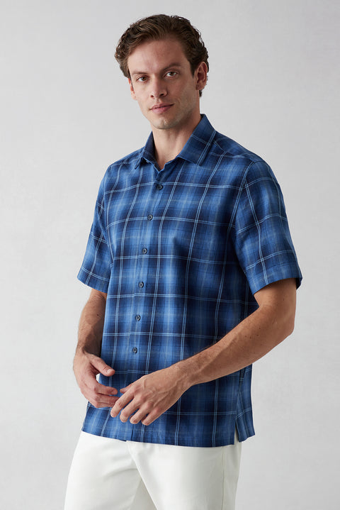 Indigo Short Sleeve Regular Fit Plaid Shirt