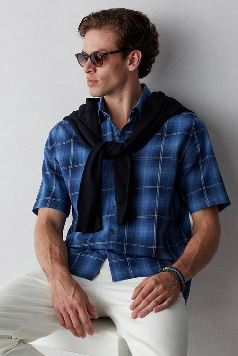 Indigo Short Sleeve Regular Fit Plaid Shirt