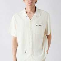 White Short Sleeve Regular Fit Patterned Embroidered Pocket Apache Collar Cotton Shirt
