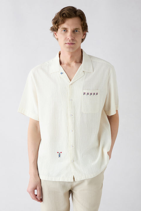 White Short Sleeve Regular Fit Patterned Embroidered Pocket Apache Collar Cotton Shirt