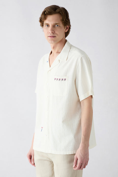 White Short Sleeve Regular Fit Patterned Embroidered Pocket Apache Collar Cotton Shirt