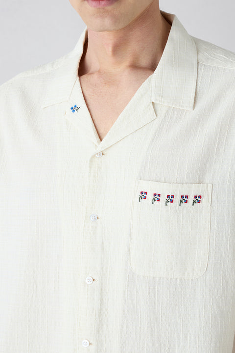 White Short Sleeve Regular Fit Patterned Embroidered Pocket Apache Collar Cotton Shirt