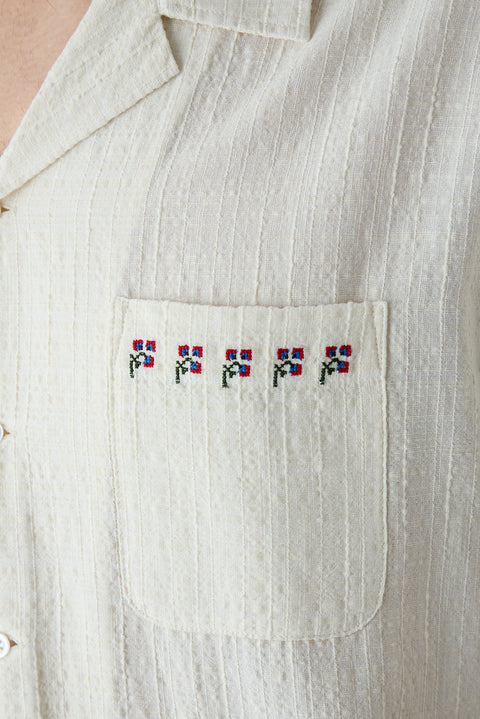 White Short Sleeve Regular Fit Patterned Embroidered Pocket Apache Collar Cotton Shirt