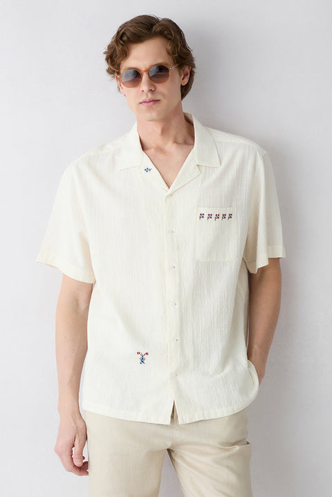 White Short Sleeve Regular Fit Patterned Embroidered Pocket Apache Collar Cotton Shirt