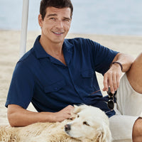Mid Navy Short Sleeve Regular Fit Patterned Embroidered Pocket Camp Collar Lyocell Blend Shirt