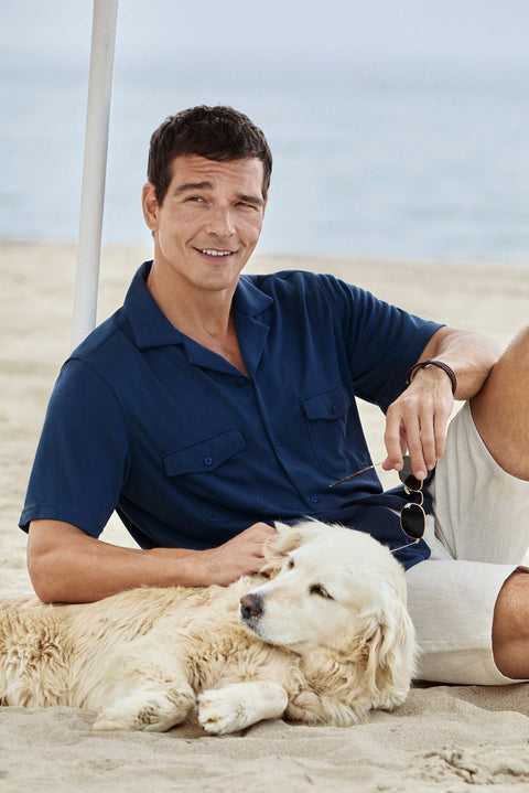 Mid Navy Short Sleeve Regular Fit Patterned Embroidered Pocket Camp Collar Lyocell Blend Shirt