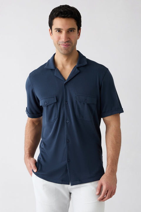 Mid Navy Short Sleeve Regular Fit Patterned Embroidered Pocket Camp Collar Lyocell Blend Shirt