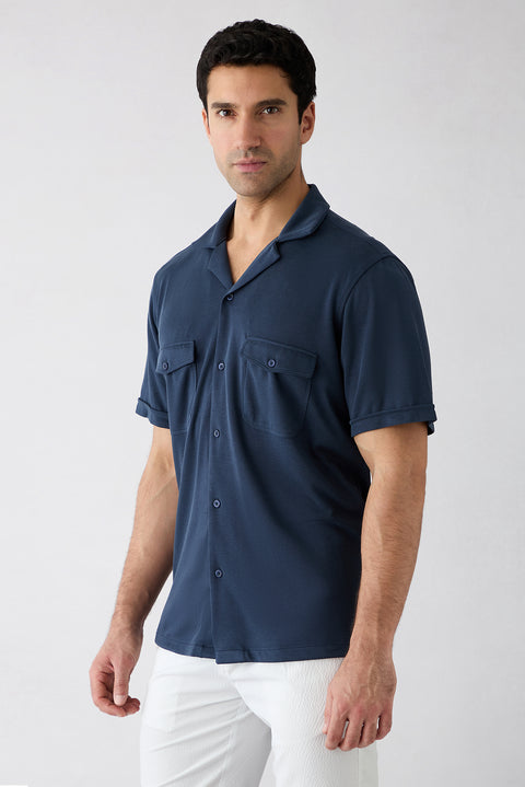 Mid Navy Short Sleeve Regular Fit Patterned Embroidered Pocket Camp Collar Lyocell Blend Shirt