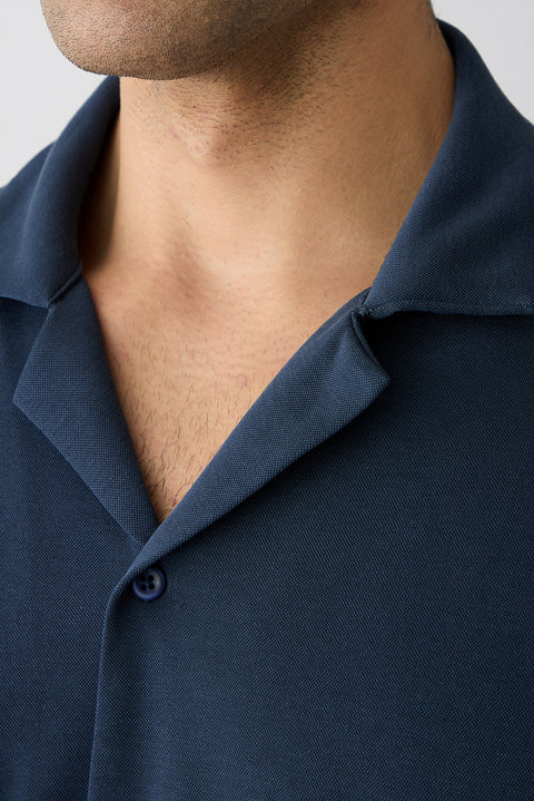 Mid Navy Short Sleeve Regular Fit Patterned Embroidered Pocket Camp Collar Lyocell Blend Shirt