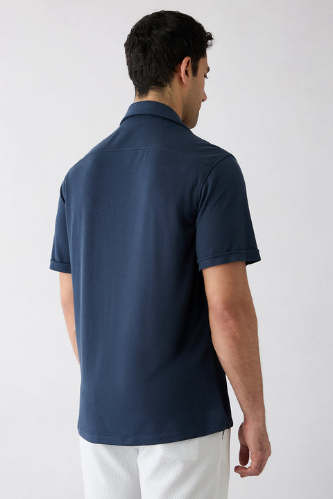 Mid Navy Short Sleeve Regular Fit Patterned Embroidered Pocket Camp Collar Lyocell Blend Shirt