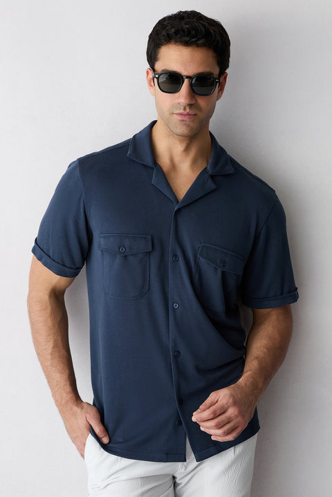 Mid Navy Short Sleeve Regular Fit Patterned Embroidered Pocket Camp Collar Lyocell Blend Shirt