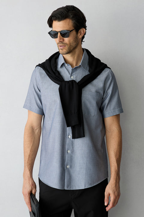 Medium Grey Short Sleeve Regular Fit Cotton Striped Shirt
