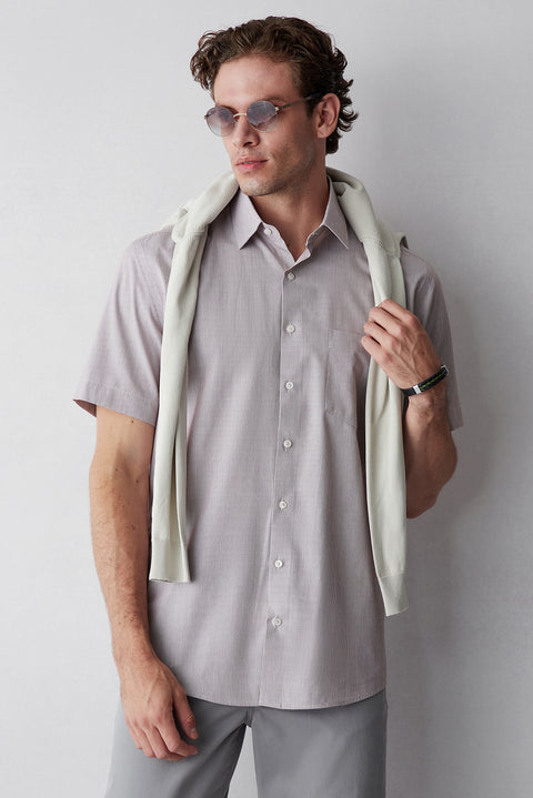 Light Brown Short Sleeve Regular Fit Cotton Striped Shirt