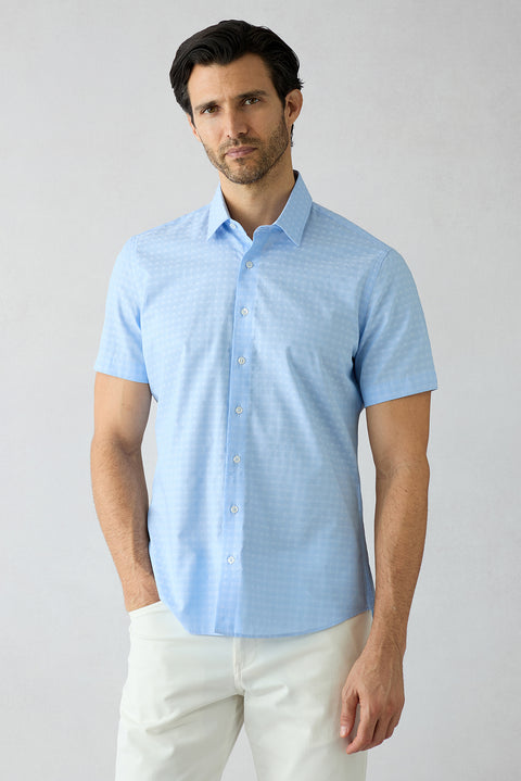 Light Blue Short Sleeve Slim Fit Patterned Cotton Shirt